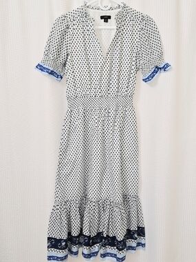 J. Crew White Midi Dress with Navy and Royal Blue Trim XS Floral Print